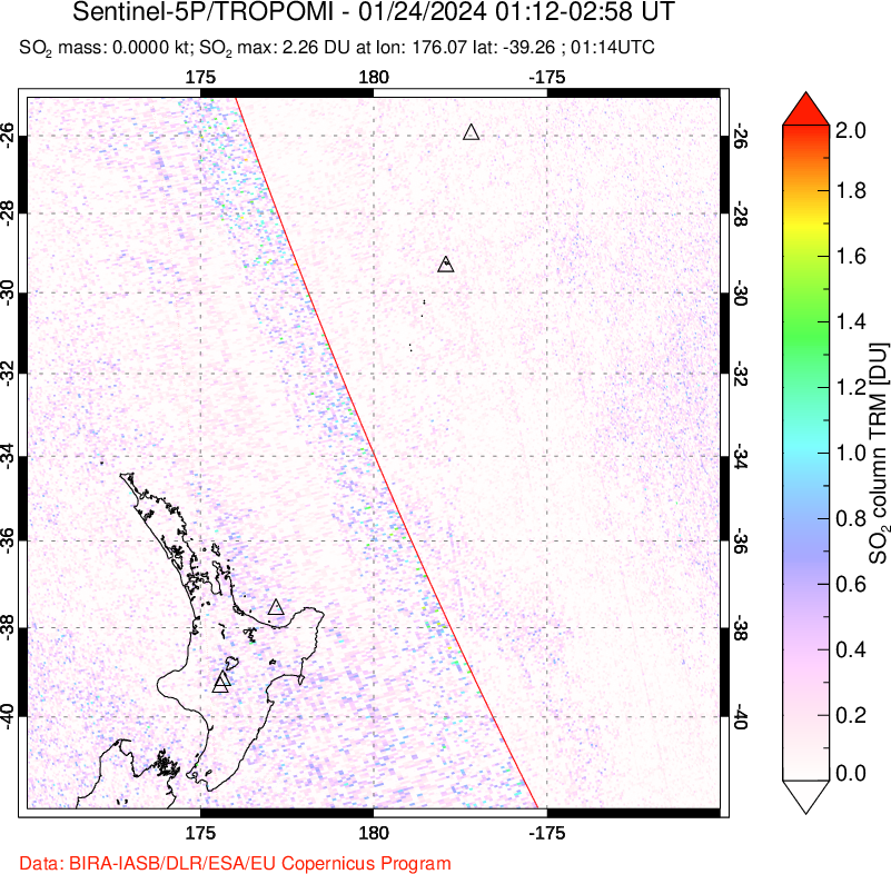 A sulfur dioxide image over New Zealand on Jan 24, 2024.