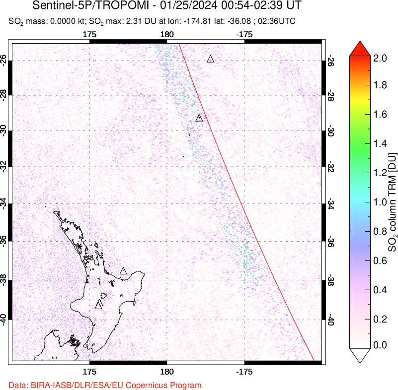 A sulfur dioxide image over New Zealand on Jan 25, 2024.