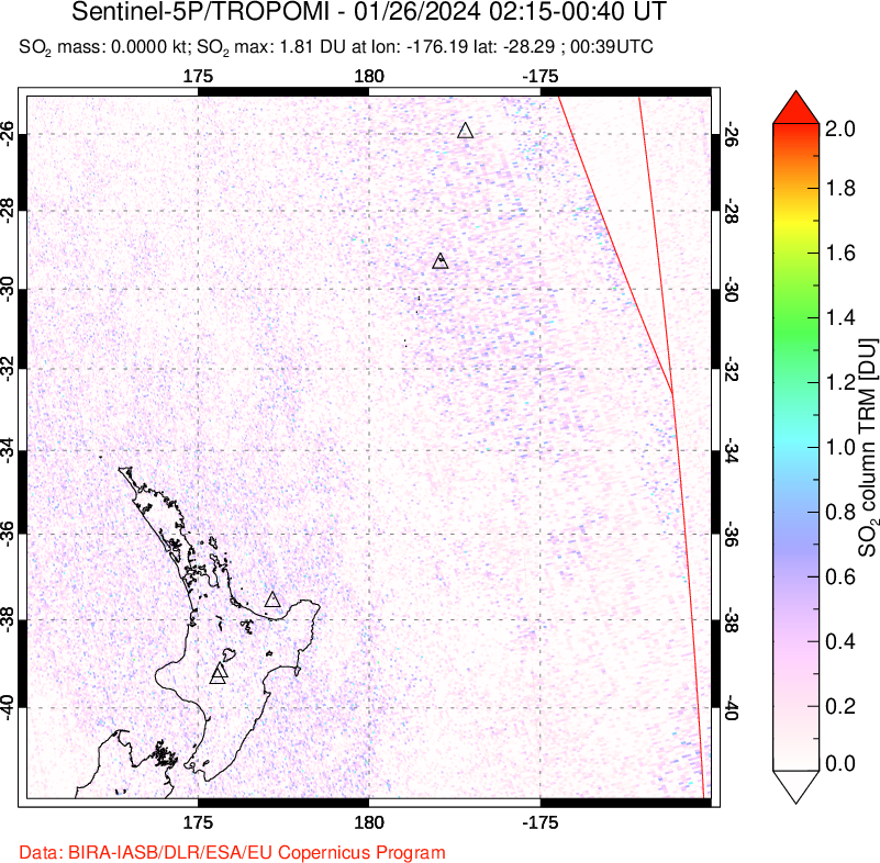 A sulfur dioxide image over New Zealand on Jan 26, 2024.