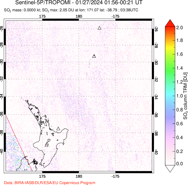 A sulfur dioxide image over New Zealand on Jan 27, 2024.