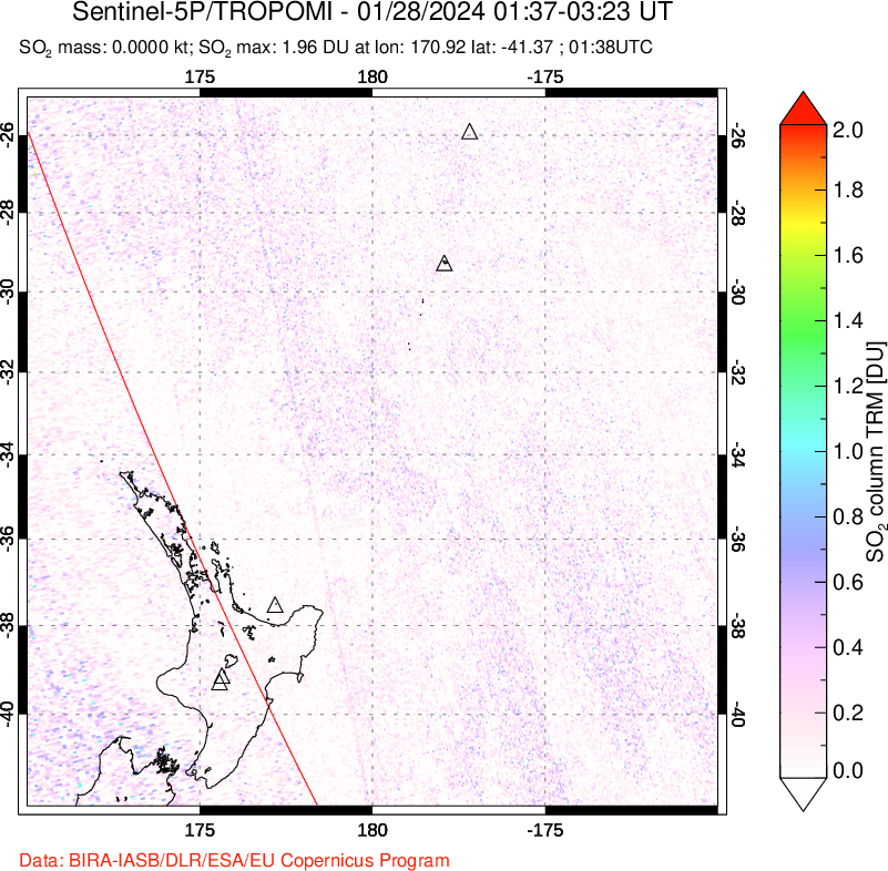 A sulfur dioxide image over New Zealand on Jan 28, 2024.