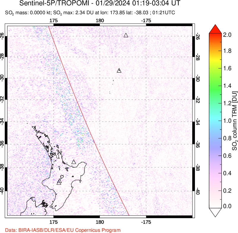 A sulfur dioxide image over New Zealand on Jan 29, 2024.