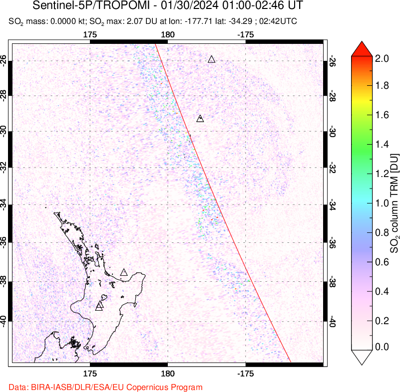 A sulfur dioxide image over New Zealand on Jan 30, 2024.