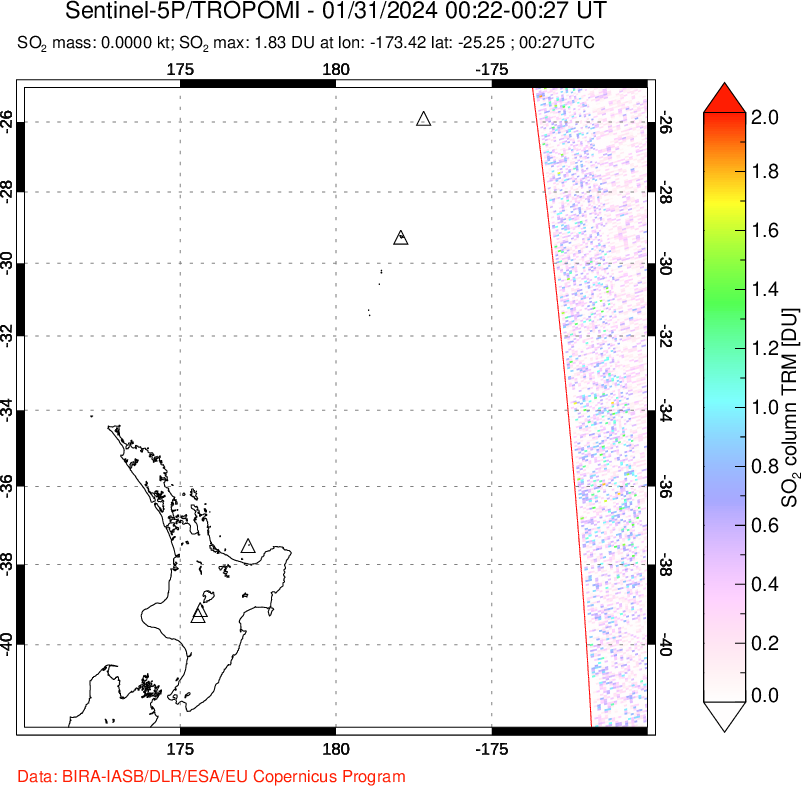 A sulfur dioxide image over New Zealand on Jan 31, 2024.