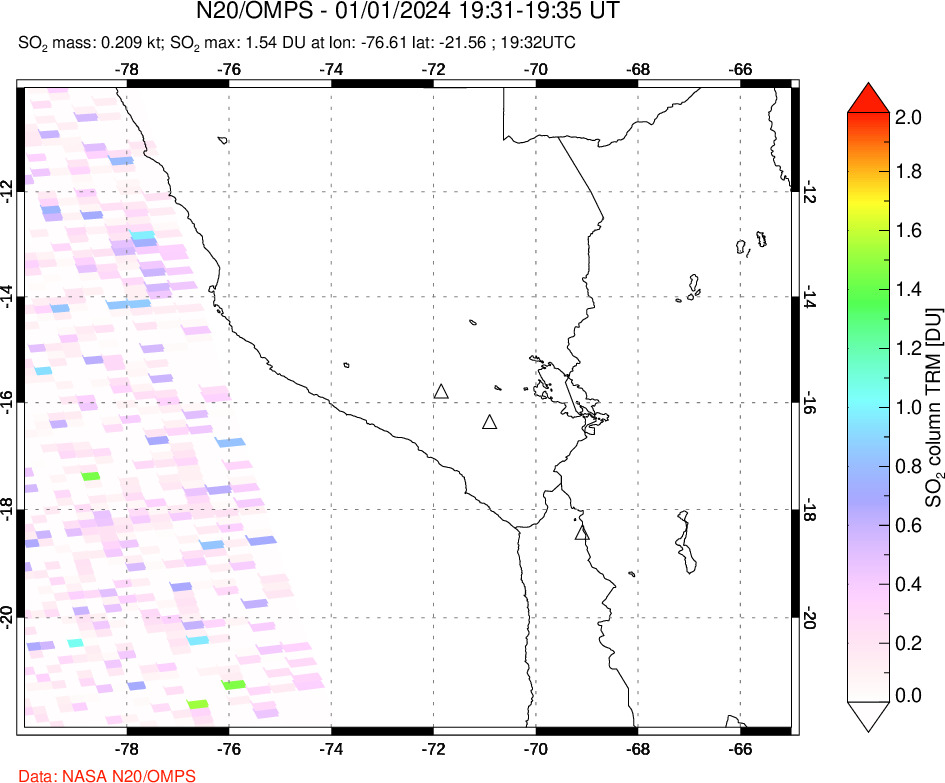 A sulfur dioxide image over Peru on Jan 01, 2024.