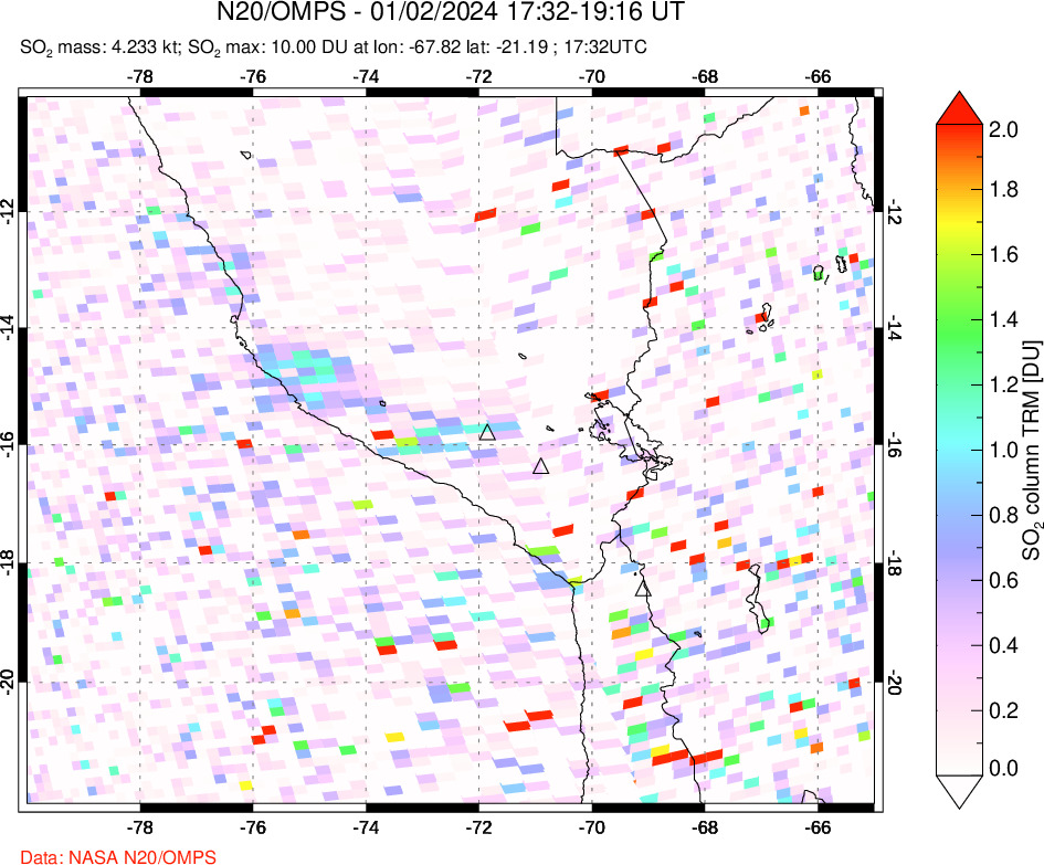 A sulfur dioxide image over Peru on Jan 02, 2024.