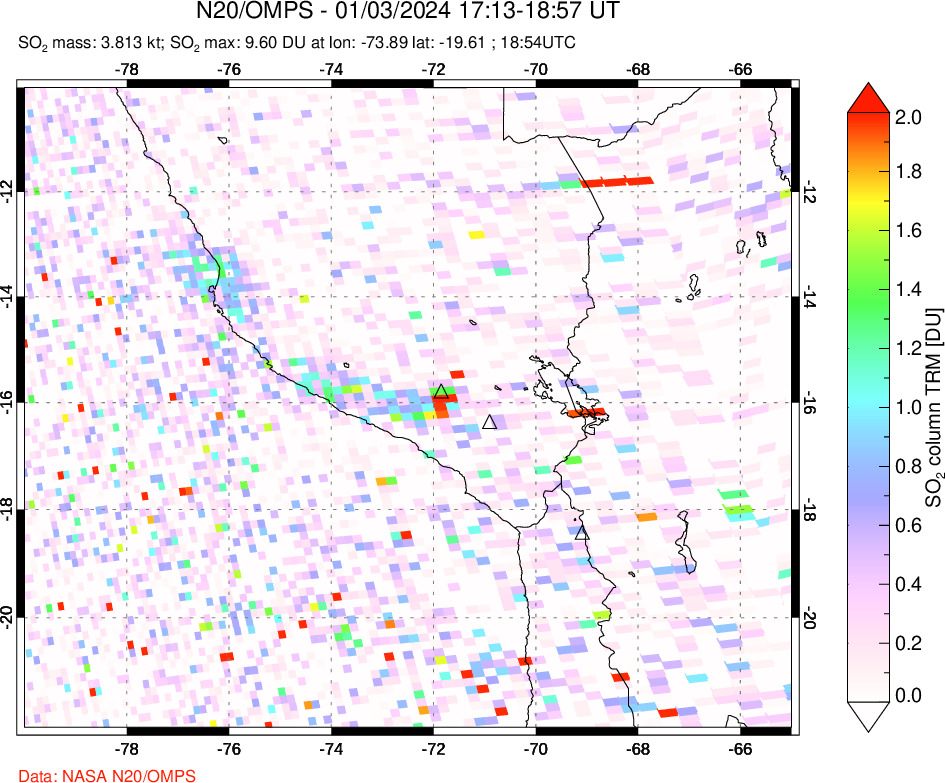 A sulfur dioxide image over Peru on Jan 03, 2024.