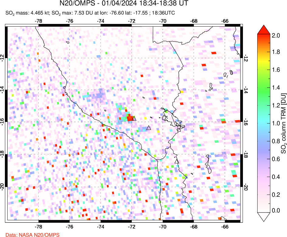 A sulfur dioxide image over Peru on Jan 04, 2024.