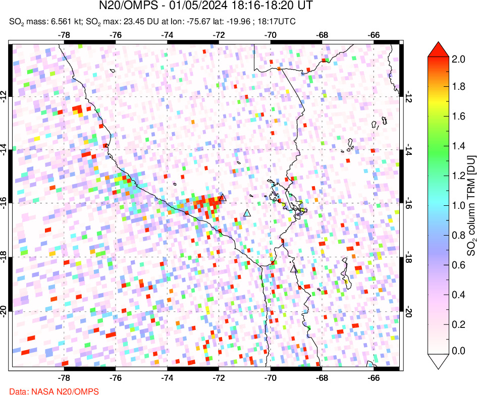 A sulfur dioxide image over Peru on Jan 05, 2024.