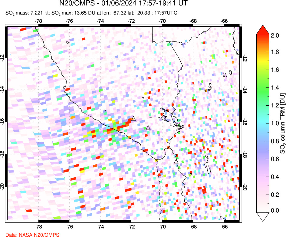 A sulfur dioxide image over Peru on Jan 06, 2024.