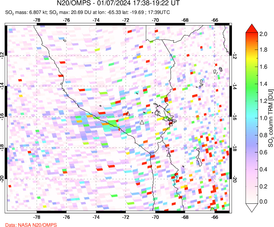 A sulfur dioxide image over Peru on Jan 07, 2024.