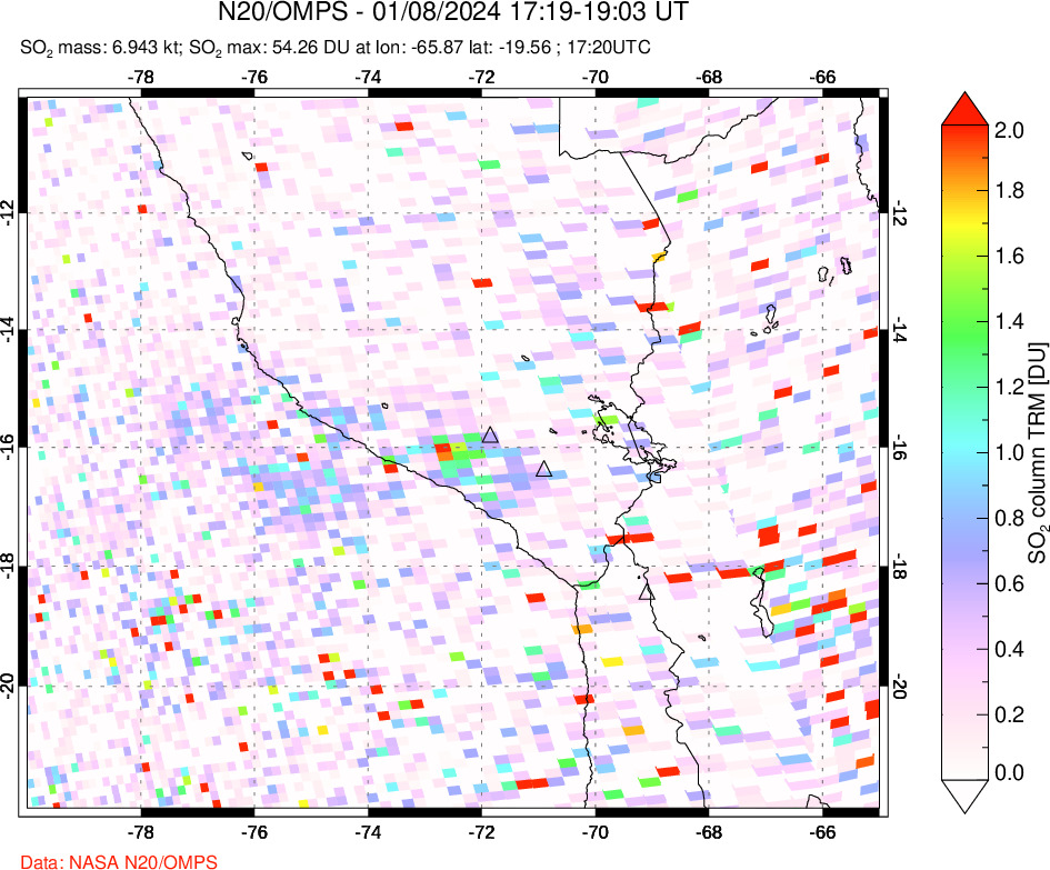 A sulfur dioxide image over Peru on Jan 08, 2024.