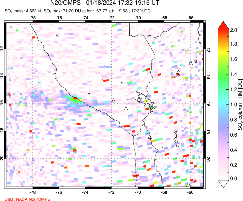 A sulfur dioxide image over Peru on Jan 18, 2024.