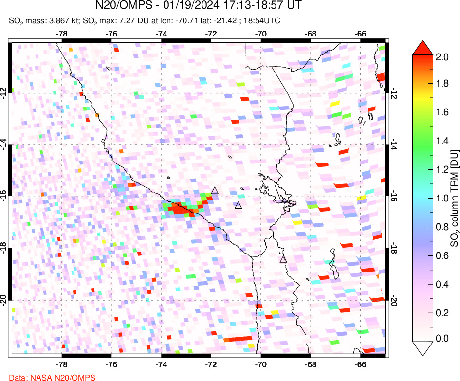 A sulfur dioxide image over Peru on Jan 19, 2024.