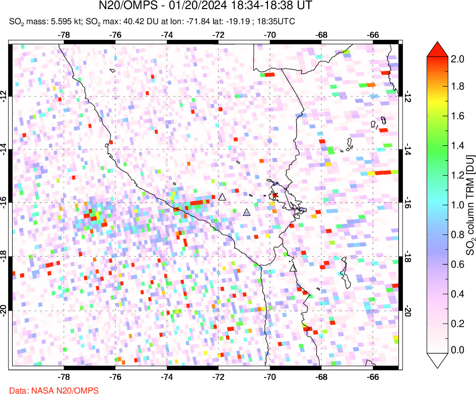 A sulfur dioxide image over Peru on Jan 20, 2024.