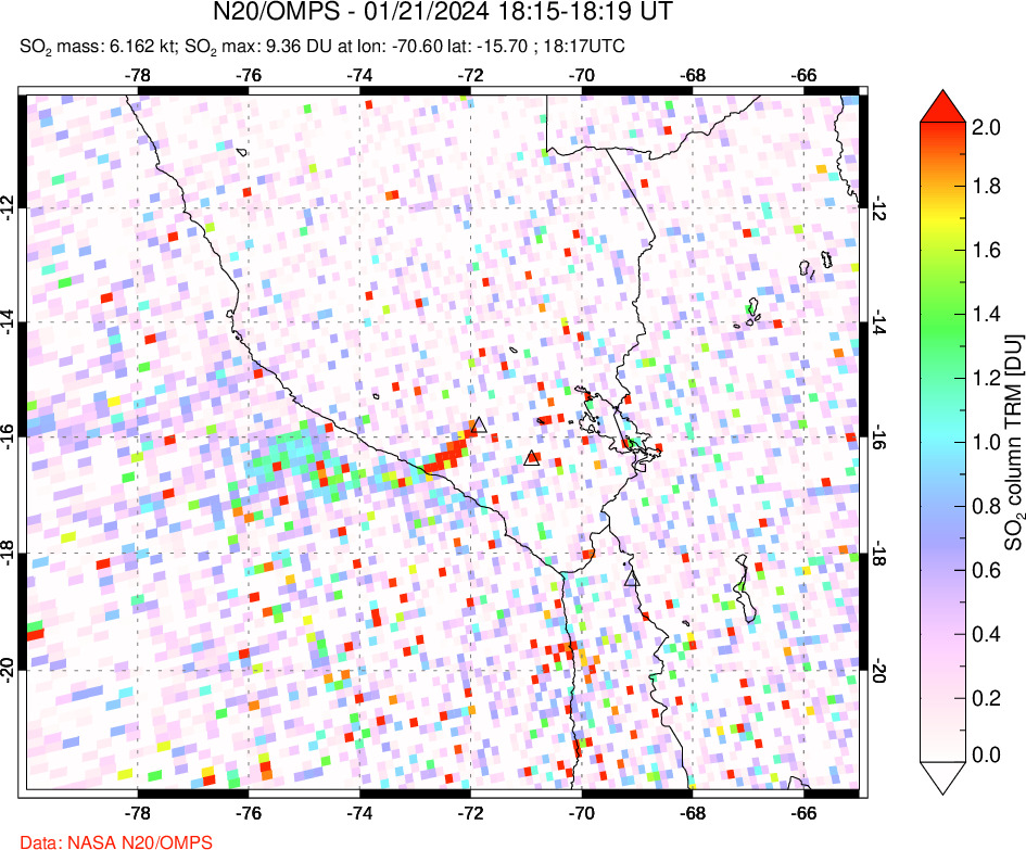 A sulfur dioxide image over Peru on Jan 21, 2024.