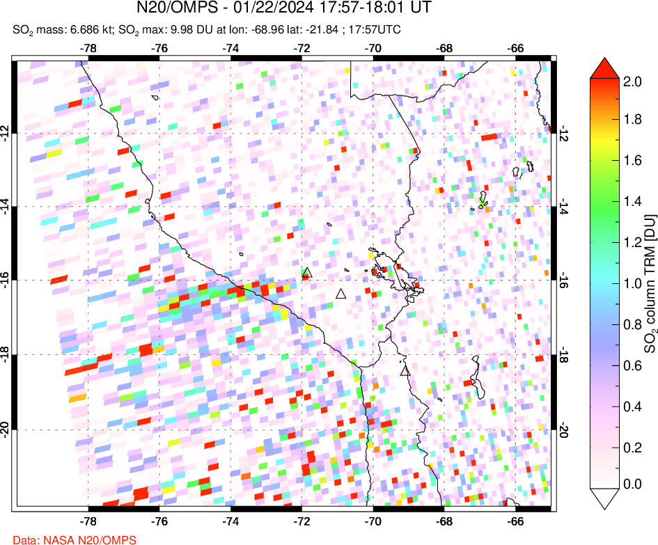 A sulfur dioxide image over Peru on Jan 22, 2024.