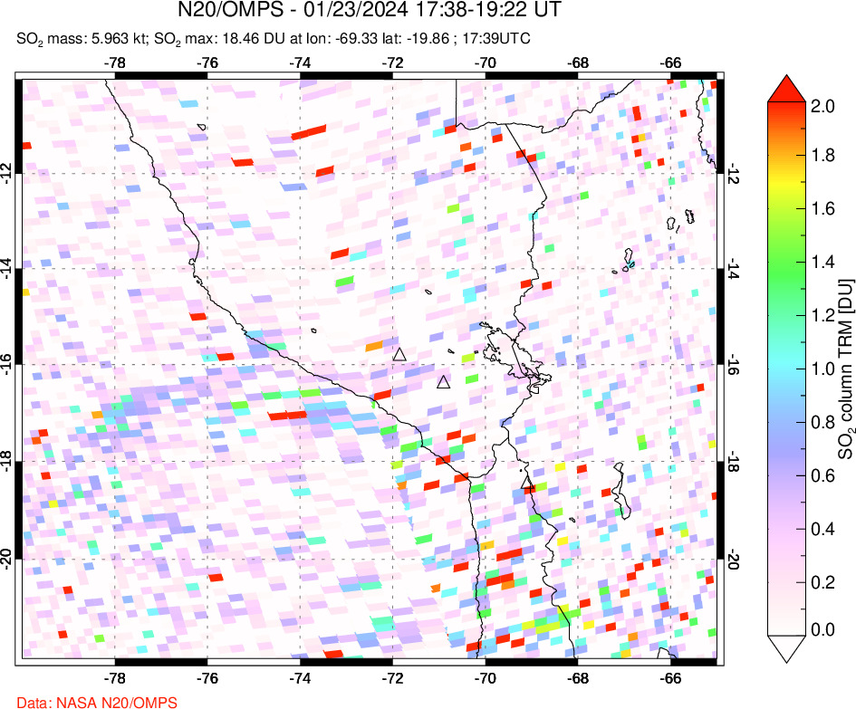 A sulfur dioxide image over Peru on Jan 23, 2024.