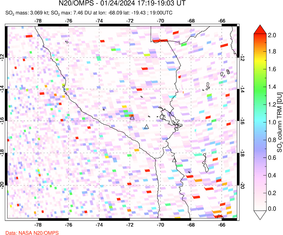 A sulfur dioxide image over Peru on Jan 24, 2024.