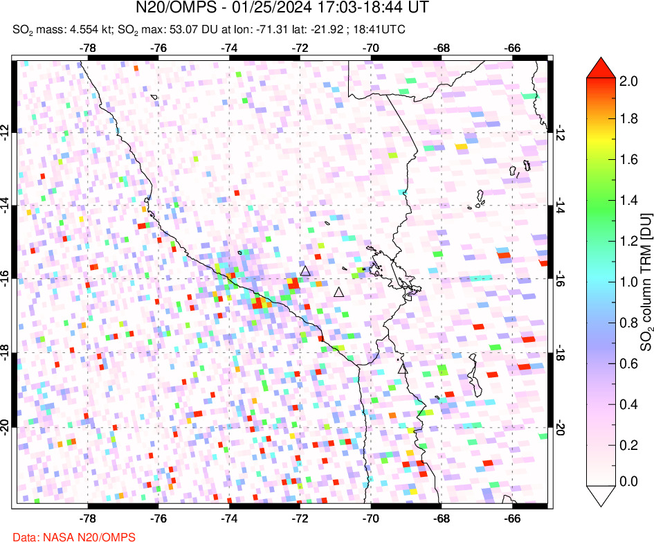 A sulfur dioxide image over Peru on Jan 25, 2024.