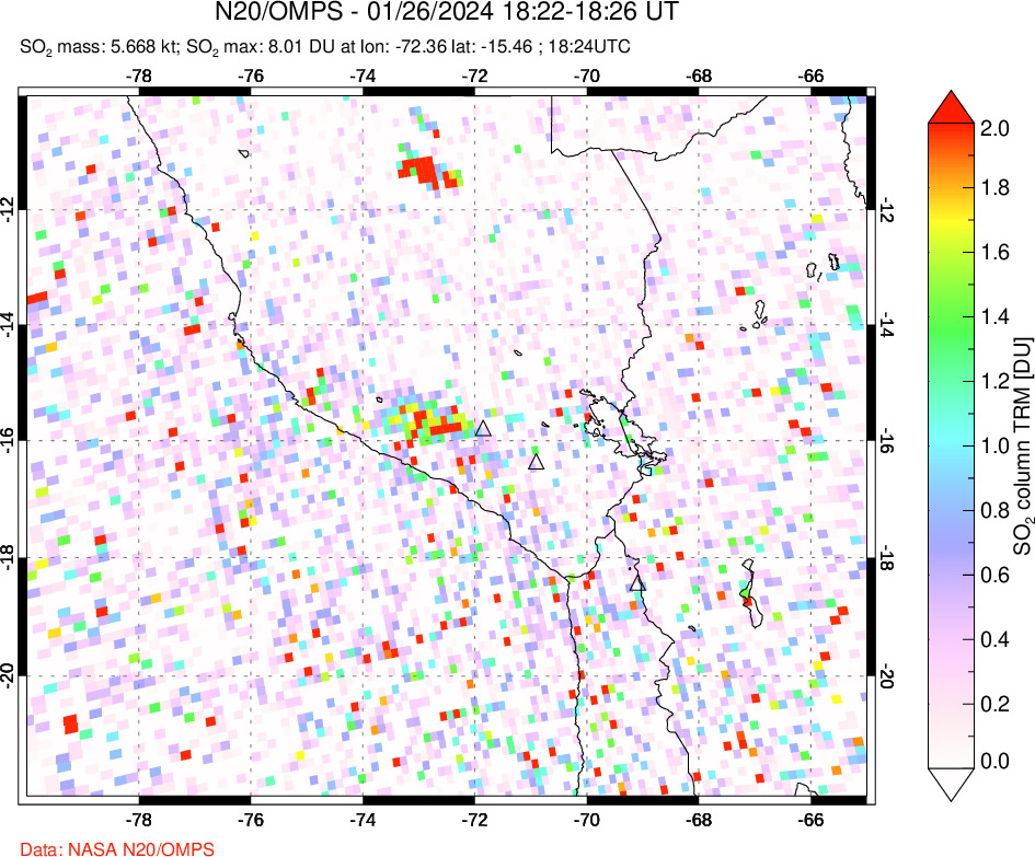 A sulfur dioxide image over Peru on Jan 26, 2024.