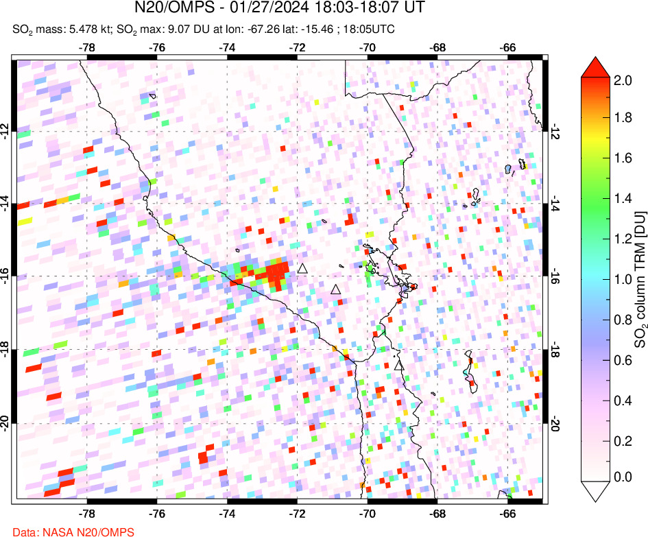 A sulfur dioxide image over Peru on Jan 27, 2024.