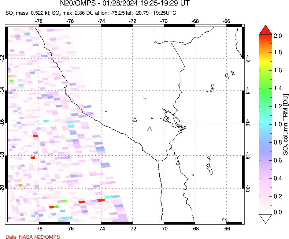 A sulfur dioxide image over Peru on Jan 28, 2024.