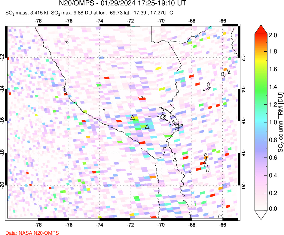 A sulfur dioxide image over Peru on Jan 29, 2024.