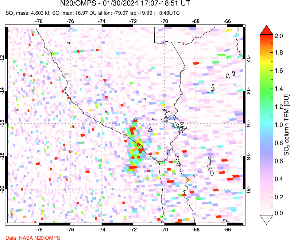 A sulfur dioxide image over Peru on Jan 30, 2024.