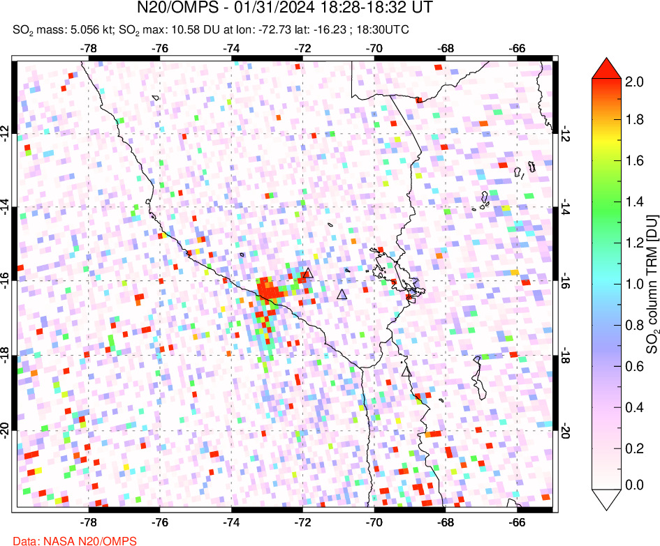 A sulfur dioxide image over Peru on Jan 31, 2024.