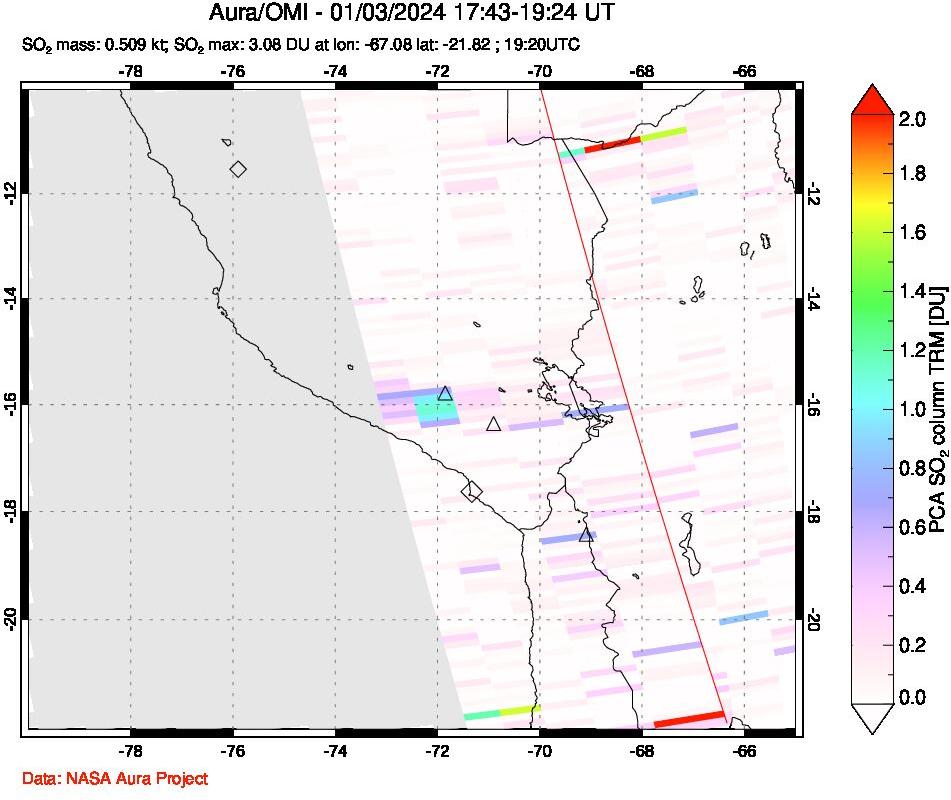 A sulfur dioxide image over Peru on Jan 03, 2024.