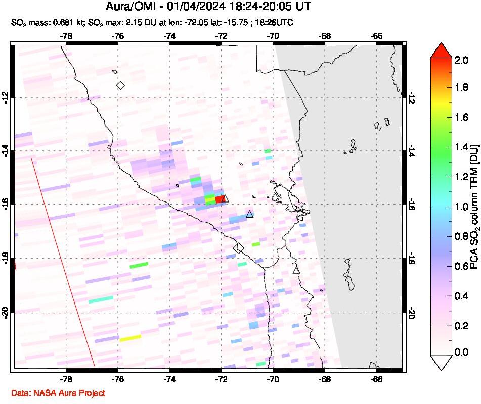 A sulfur dioxide image over Peru on Jan 04, 2024.