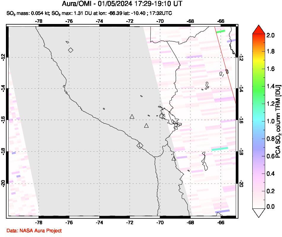 A sulfur dioxide image over Peru on Jan 05, 2024.