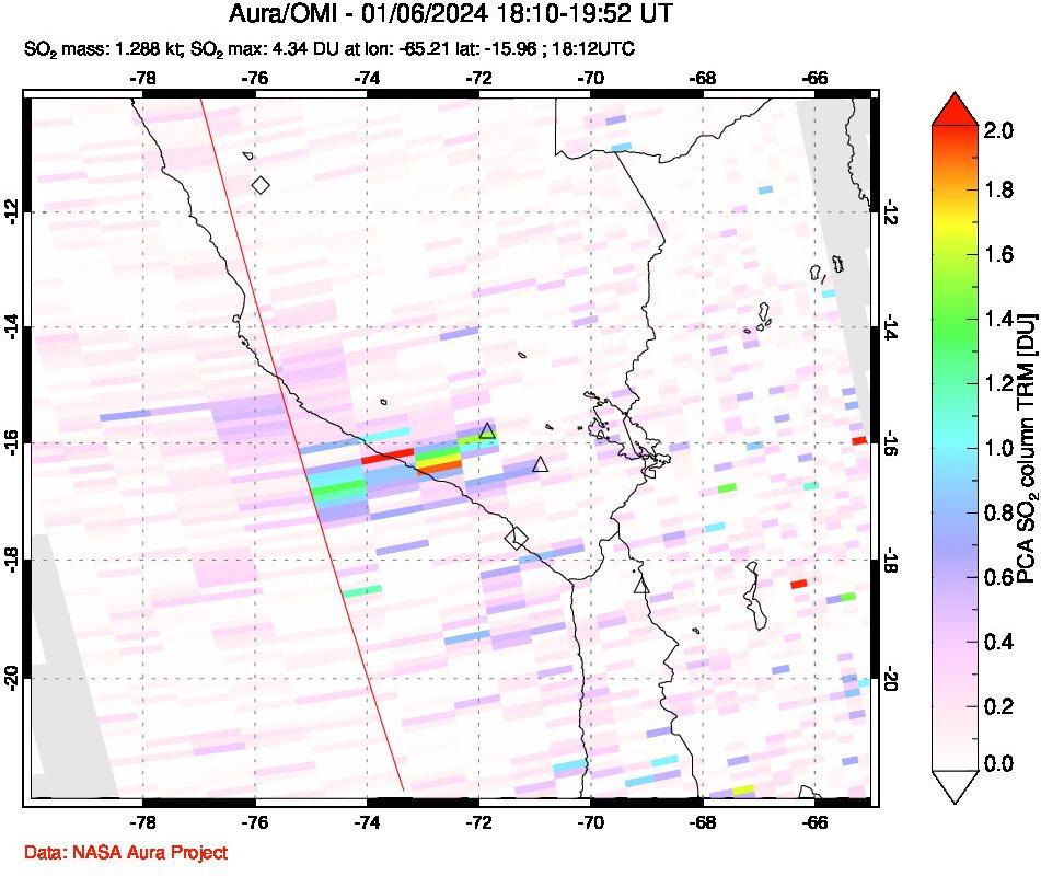 A sulfur dioxide image over Peru on Jan 06, 2024.