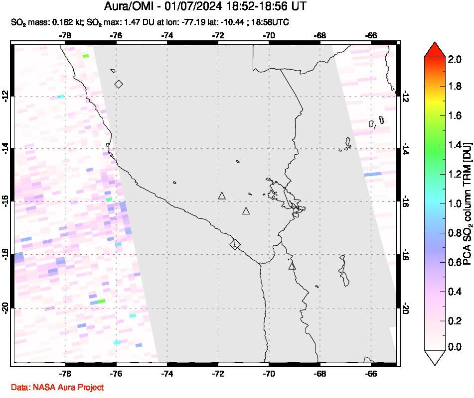 A sulfur dioxide image over Peru on Jan 07, 2024.