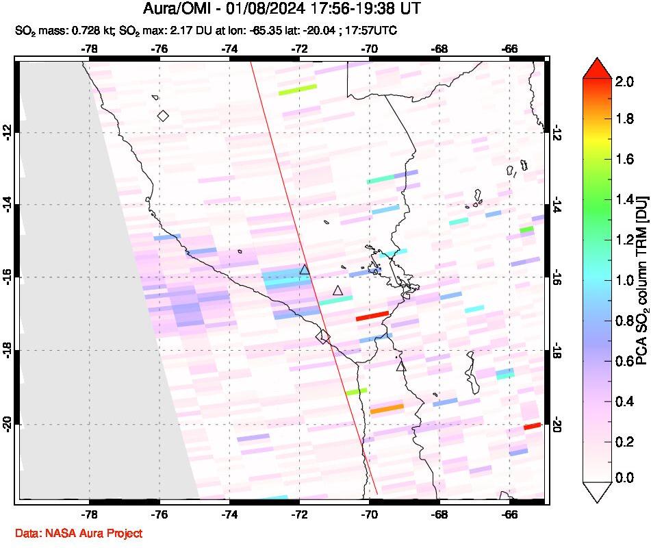 A sulfur dioxide image over Peru on Jan 08, 2024.