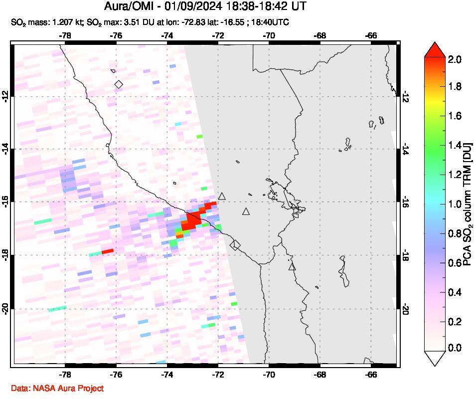 A sulfur dioxide image over Peru on Jan 09, 2024.