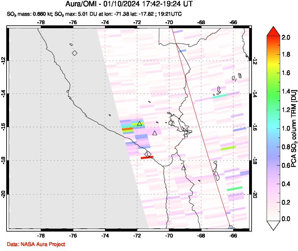 A sulfur dioxide image over Peru on Jan 10, 2024.