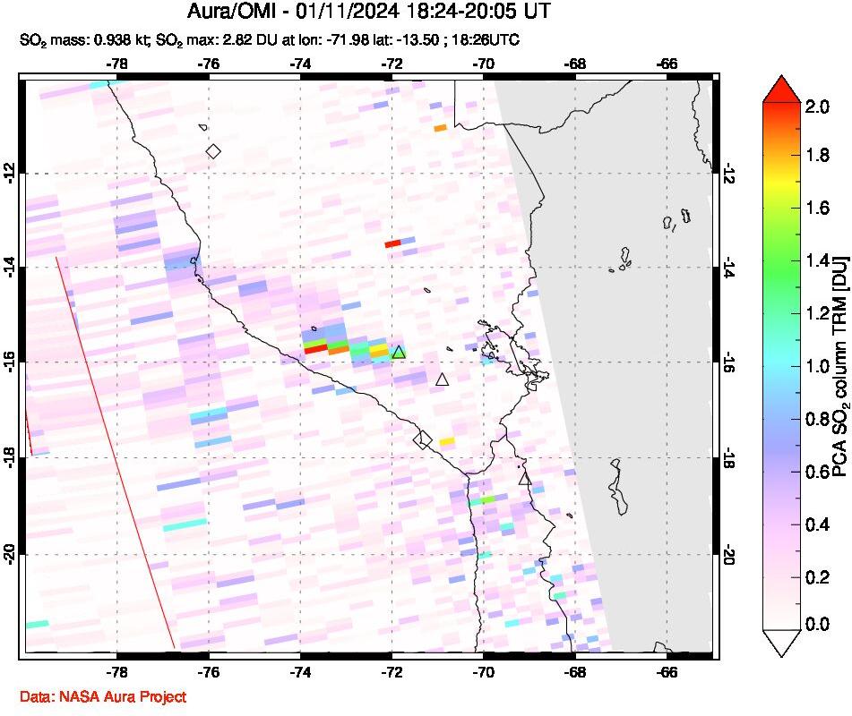 A sulfur dioxide image over Peru on Jan 11, 2024.