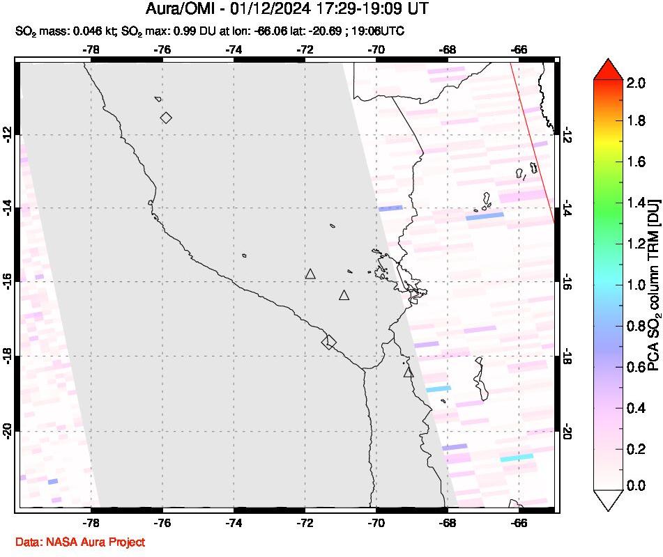 A sulfur dioxide image over Peru on Jan 12, 2024.