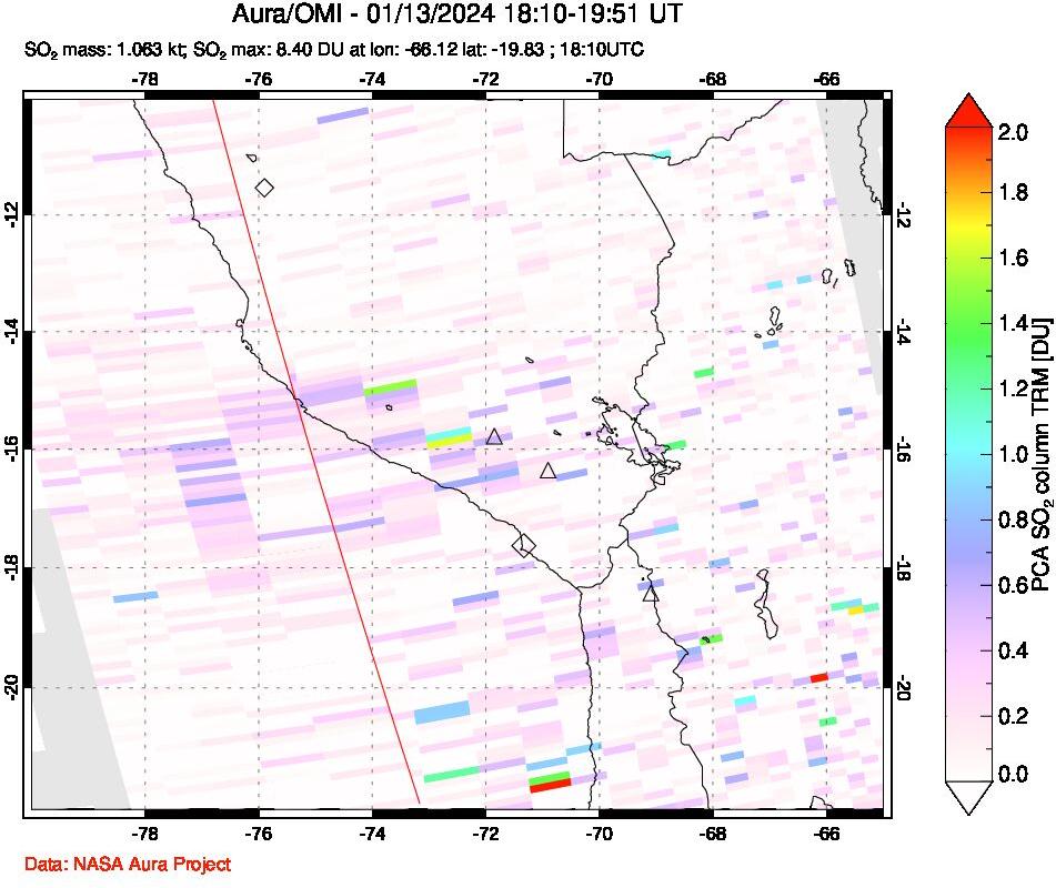 A sulfur dioxide image over Peru on Jan 13, 2024.