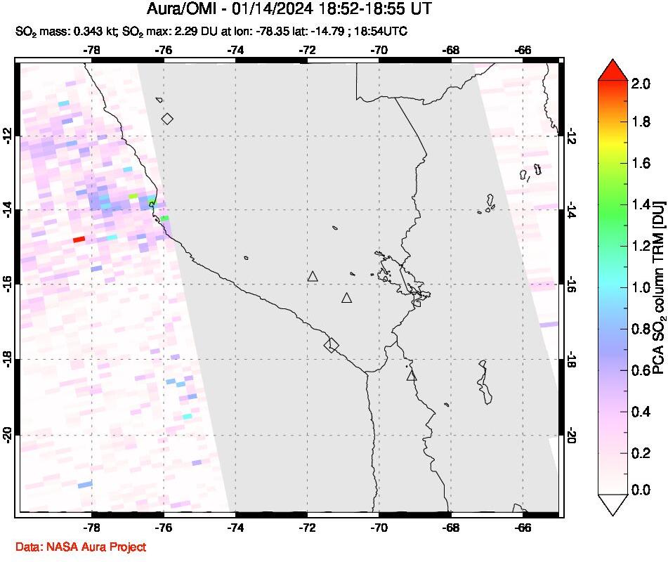 A sulfur dioxide image over Peru on Jan 14, 2024.