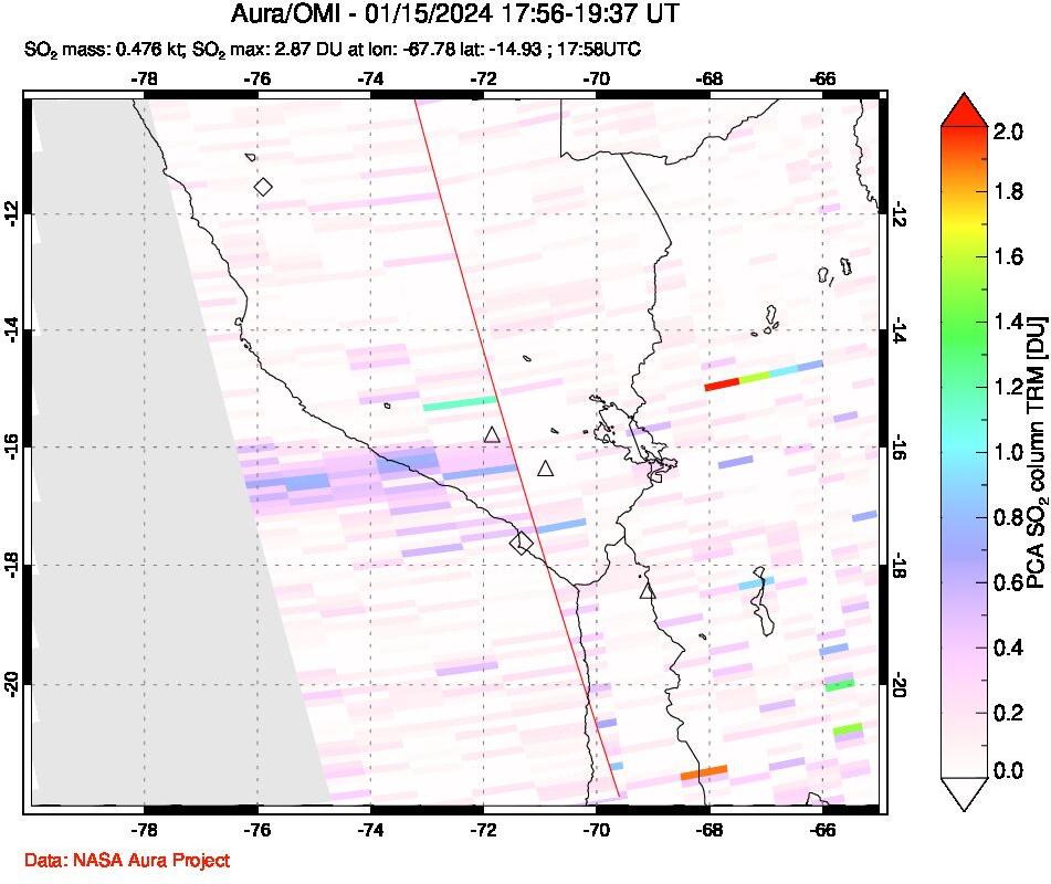 A sulfur dioxide image over Peru on Jan 15, 2024.