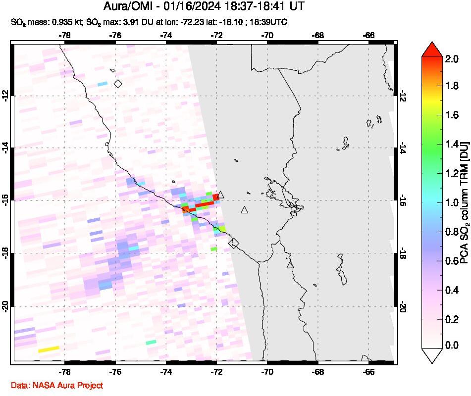 A sulfur dioxide image over Peru on Jan 16, 2024.