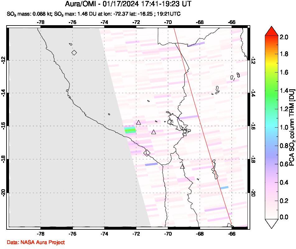 A sulfur dioxide image over Peru on Jan 17, 2024.