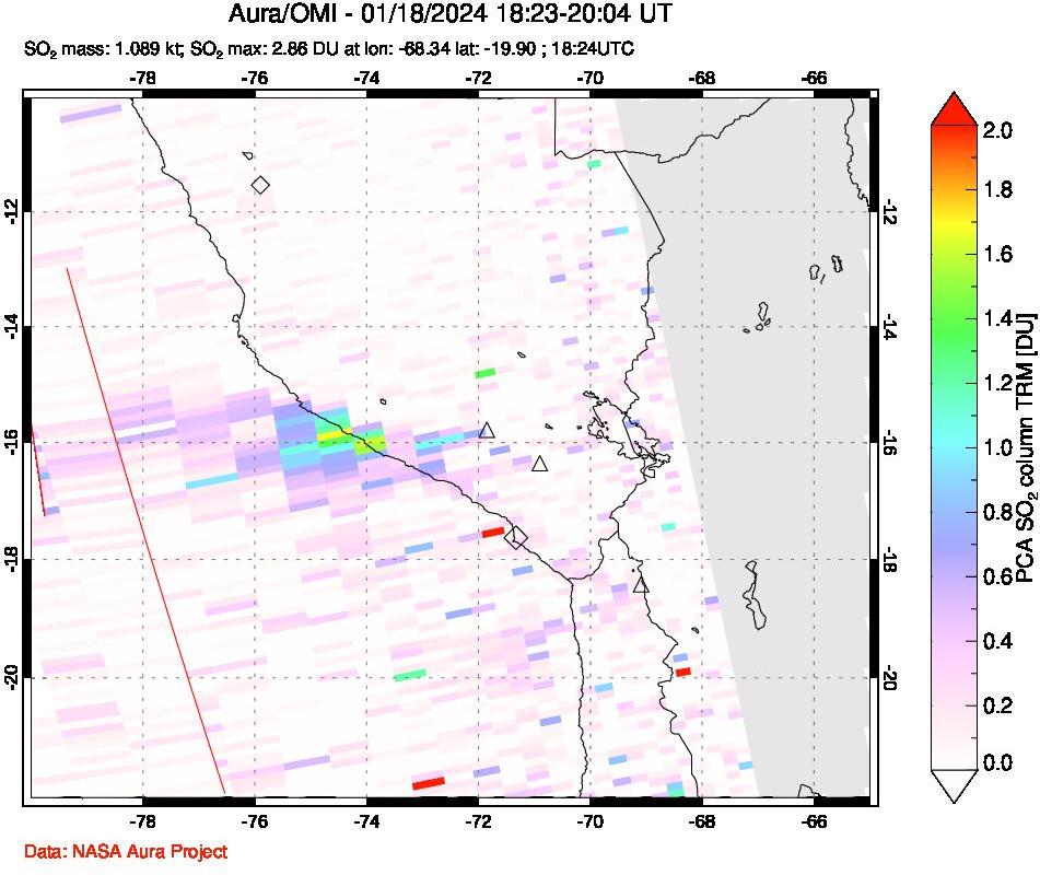 A sulfur dioxide image over Peru on Jan 18, 2024.