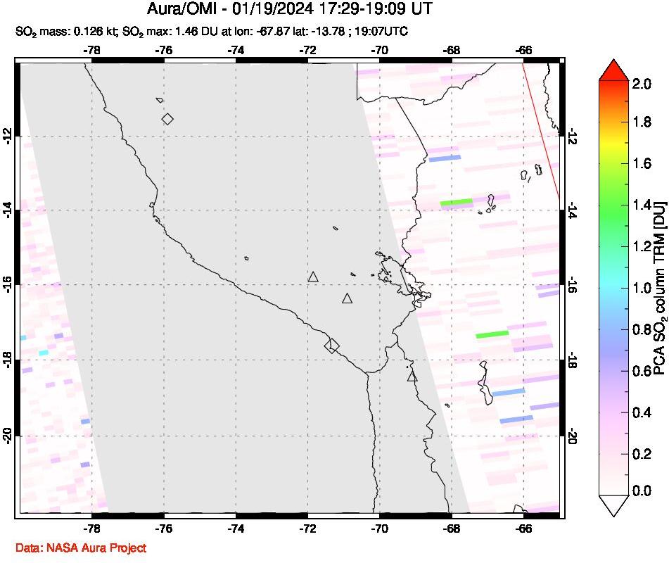 A sulfur dioxide image over Peru on Jan 19, 2024.