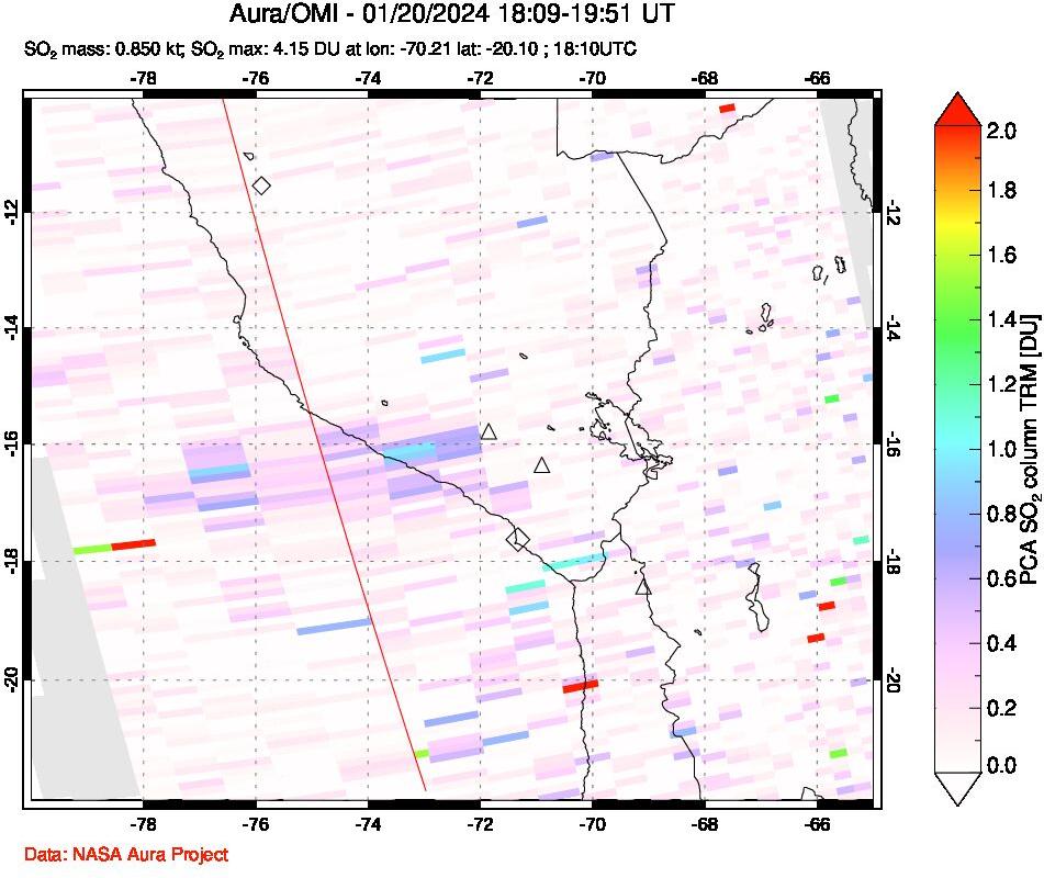 A sulfur dioxide image over Peru on Jan 20, 2024.