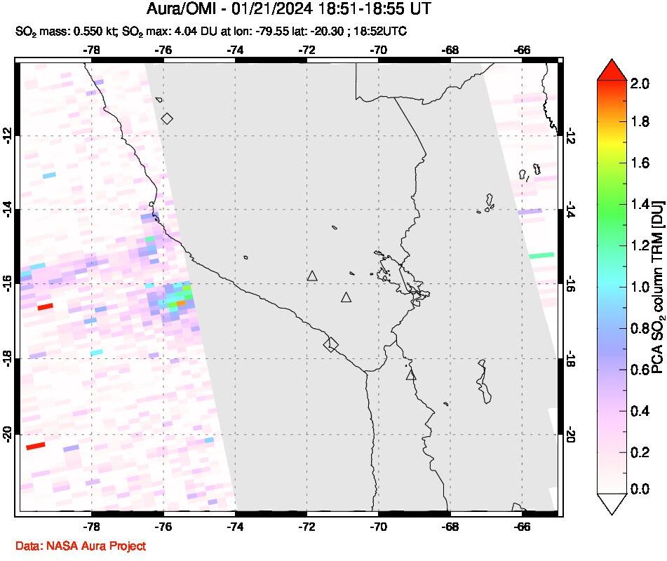 A sulfur dioxide image over Peru on Jan 21, 2024.