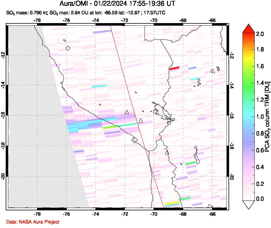 A sulfur dioxide image over Peru on Jan 22, 2024.